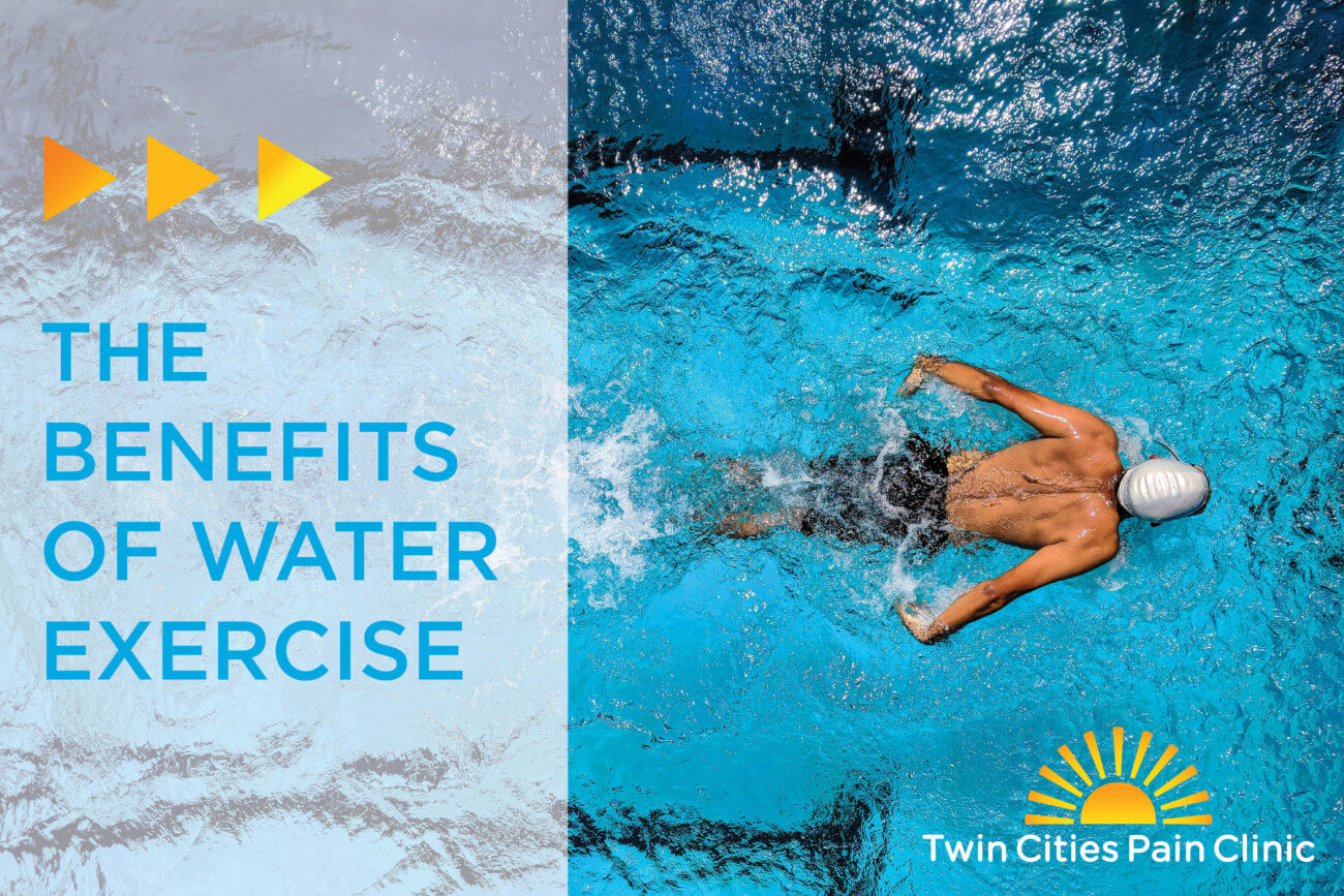 Blog Banner-The Benefits of Water Exercise-Title à côté de l'image aérienne d'un homme en bonnet de bain nageant dans une piscine