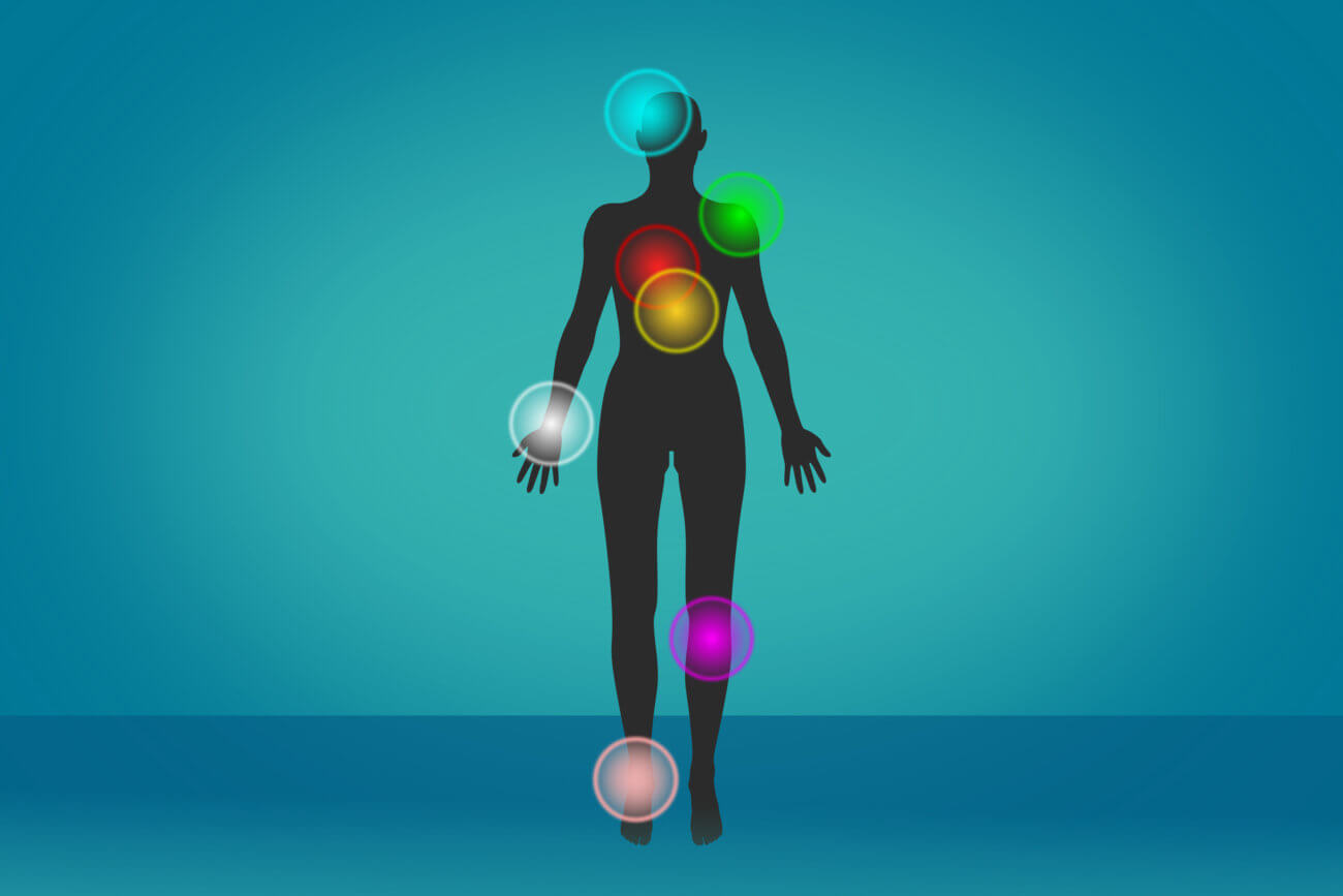 Graphique animé du corps humain avec des points brillants colorés à travers le corps indiquant les points de douleur-fibromyalgie