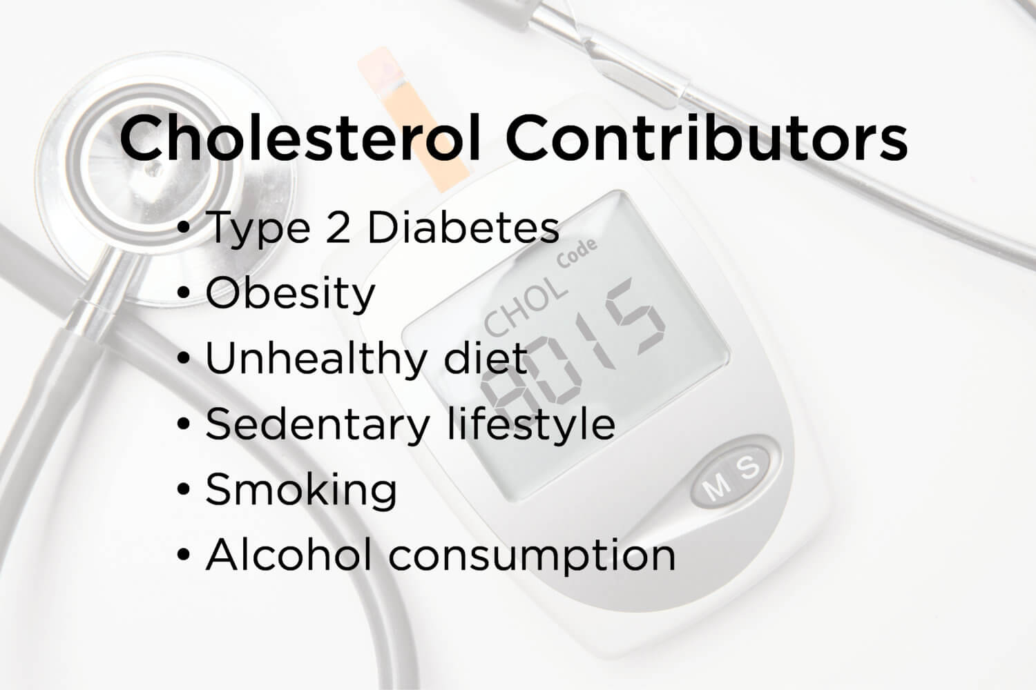Liste des facteurs qui contribuent à l'hypercholestérolémie sur l'image du lecteur de cholestérol et du stéthoscope